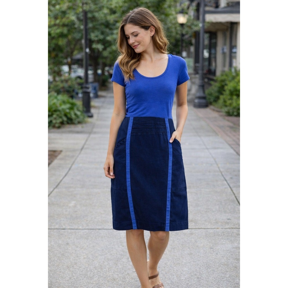Prairie Underground Blue Two Tone Hemp Sheath Dress Pockets Made in USA Size‎ M